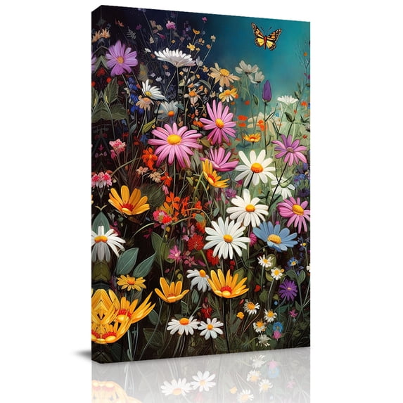 Canvas Wall Art, Spring Floral Framed Canvas Prints for Bathroom Hallway, Colorful Daisy Summer Botanical Butterfly Small Gallery Wrapped Wall Decor for Home Office, Gifts, 8"x10" Ship Next Day