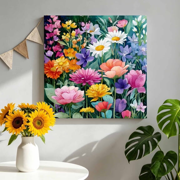 Canvas Wall Art Spring Florals Canvas Art Print Watercolor Yellow White Purple Pink Orange Daisy Floral Leaf Wall Decor for Living Room Bedroom Artwork Decorations Framed Ready to Hang 8"x8"