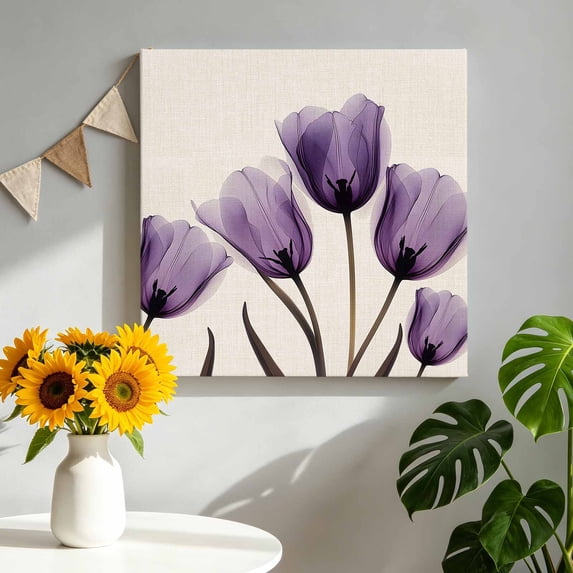 Canvas Wall Art Spring Purple Canvas Art Print Flowers X-ray Image of Tulips Floral Retro Pictures Wall Decor for Living Room Bedroom Artwork Decorations Stretched Framed Ready to Hang 12"x12"