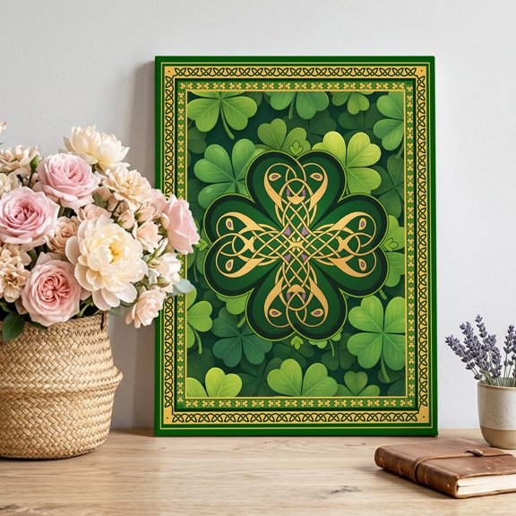 Canvas Wall Art, St Patricks Day Framed Canvas Prints for Bedroom Living Room, Gold Green Shamrock Checkered Lucky Leaf Gallery Wrapped Wall Decor for Home Office, Gifts, 12"x18" Ship Next Day