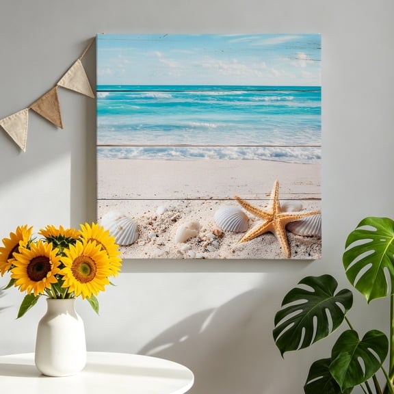 Canvas Wall Art Starfish Shells Canvas Art Print Coastal Nautical Blue Ocean Wave Beach Wood Grain Pictures Wall Decor for Living Room Bedroom Artwork Decorations Stretched Framed Ready to Hang 8"x8"
