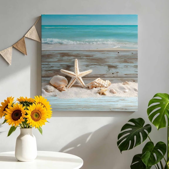 Canvas Wall Art Starfish Shells Canvas Art Print Coastal Nautical Teal Ocean Wave Beach Wood Grain Pictures Wall Decor for Living Room Bedroom Artwork Decorations Stretched Framed Ready to Hang 8"x8"