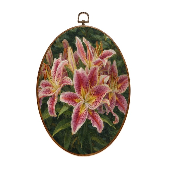 Canvas Wall Art Stargazer Lilies Oval Framed Canvas Prints Vintage Wall Hanging Decor for Home Bathroom Decorations Gift for Mom Women 8.6"x11.4"