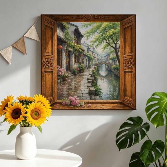 Canvas Wall Art Stone Bridge Canvas Art Print Window Frame Rain House Tree Rustic Countryside Pictures Wall Decor for Living Room Bedroom Artwork Decorations Stretched Framed Ready to Hang 8"x8"