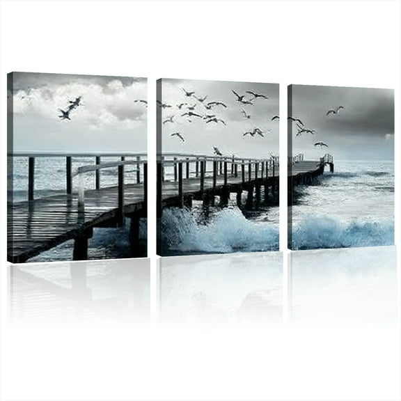 Canvas Wall Art Stormy Pier Modern Abstract Painting Framed Picture Living Room Office Bathroom Bedroom Kitchen Home Decor High Quality Landscape Print on Canvas Wall Decoration 12x16inchx3pcs