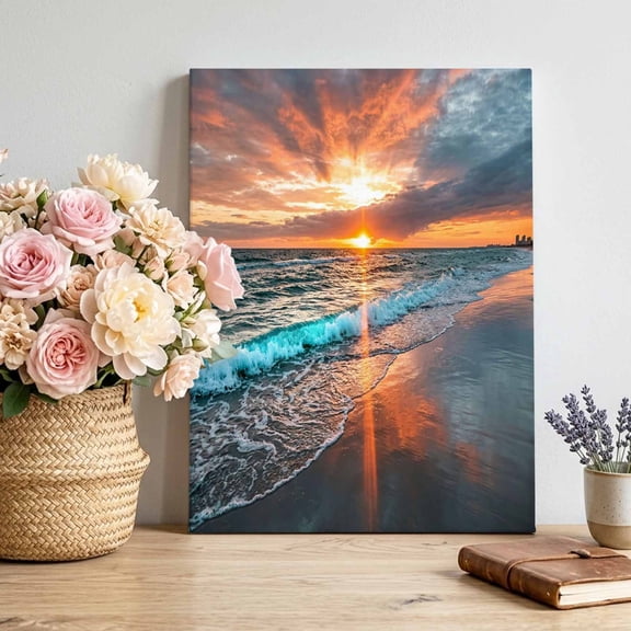 Canvas Wall Art Summer Beach Canvas Art Print Coastal Sunset Clouds Ocean Waves Sky Landscape Pictures Wall Decor for Living Room Bedroom Artwork Decorations Stretched Framed Ready to Hang 20"x30"