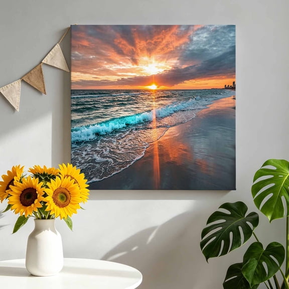 Canvas Wall Art Summer Beach Canvas Art Print Coastal Sunset Clouds Ocean Waves Sky Landscape Pictures Wall Decor for Living Room Bedroom Artwork Decorations Stretched Framed Ready to Hang 8"x8"