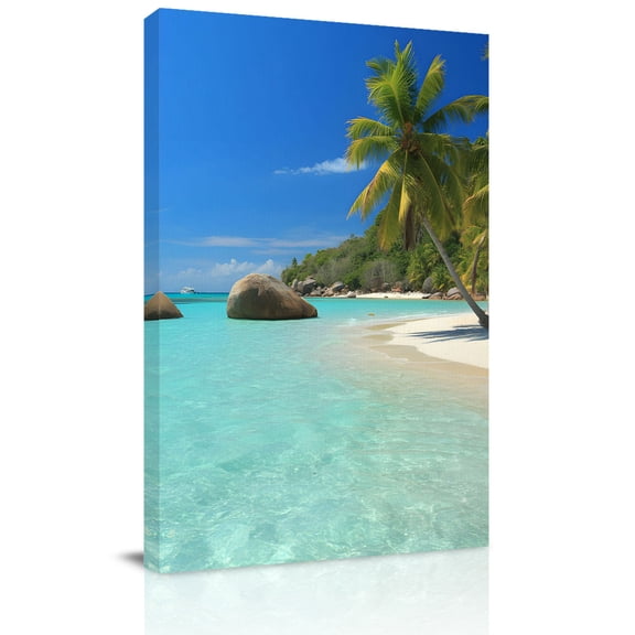 Canvas Wall Art, Summer Beach Framed Canvas Prints for Bedroom Dining Room, Palm Tree Tropical Botanical Ocean Blue Sky Large Gallery Wrapped Wall Decor for Home Office, Gifts, 20"x24" Ship Next Day