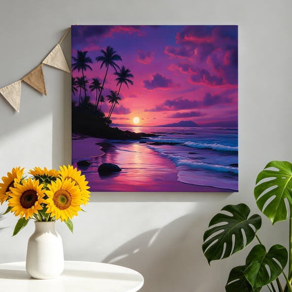 Canvas Wall Art Summer Beach Sunset Landscape Canvas Art Print Coastal Ocean Palm Tree Red Cloud Wave Wall Decor for Living Room Bedroom Artwork Decorations Stretched Framed Ready to Hang 8"x8"