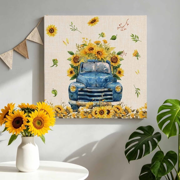 Canvas Wall Art Summer Blue Canvas Art Print Truck with Sunflowers Beige Pictures Wall Decor for Living Room Bedroom Artwork Decorations Stretched Framed Ready to Hang 8"x8"