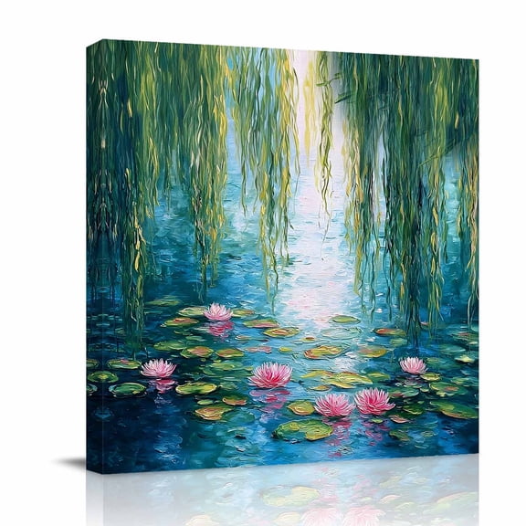 Canvas Wall Art, Summer Botanical Framed Canvas Prints for Bathroom Desk, Lotus Pond Weeping Willow Small Gallery Wrapped Wall Decor for Home Office, Gifts, 8"x8" Ship Next Day