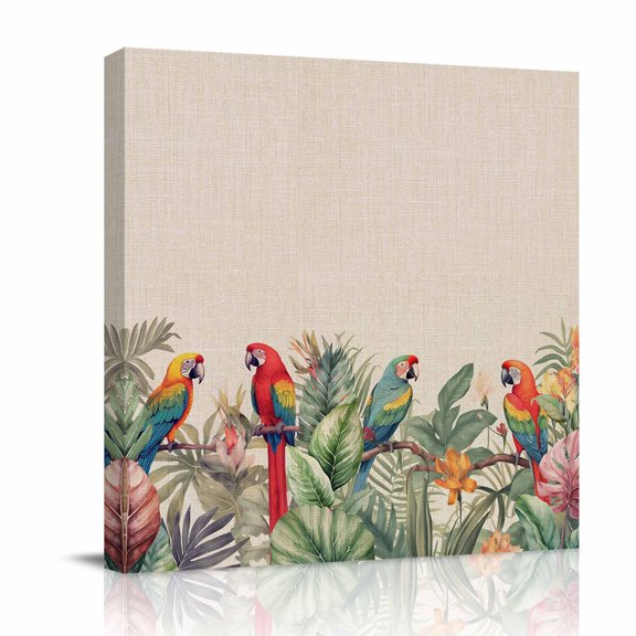 Canvas Wall Art, Summer Botanical Framed Canvas Prints for Bathroom Kitchen, Rustic Tropical Plants Birds Gallery Wrapped Wall Decor for Home Office, Gifts, 10"x10" Ship Next Day