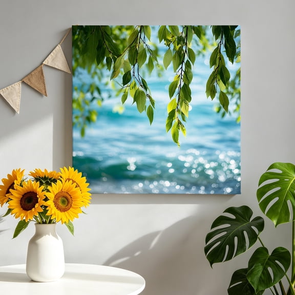 Canvas Wall Art Summer Leaf Canvas Art Print Watercolor Green Branch Blue Lake Water Country Pictures Wall Decor for Living Room Bedroom Artwork Decorations Stretched Framed Ready to Hang 8"x8"