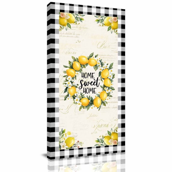 Canvas Wall Art, Summer Lemon Framed Canvas Prints for Hallway Bedroom, Yellow Botanical Checkered Farmhouse Buffalo Oversized Gallery Wrapped Wall Decor for Home Office, Gifts, 24"x48" Ship Next Day