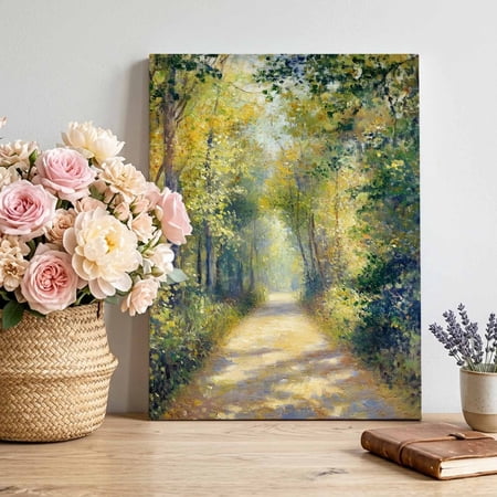 Canvas Wall Art Summer Lush Trees Canvas Art Print Rustic Forest Pathway Green Yellow Woodland Pictures Wall Decor for Living Room Bedroom Artwork Decorations Stretched Framed Ready to Hang 12"x18"