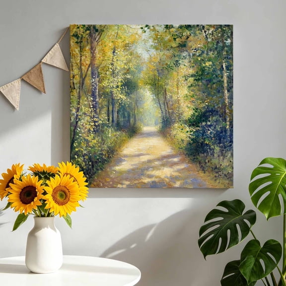 Canvas Wall Art Summer Lush Trees Canvas Art Print Rustic Forest Pathway Green Yellow Woodland Pictures Wall Decor for Living Room Bedroom Artwork Decorations Stretched Framed Ready to Hang 8"x8"