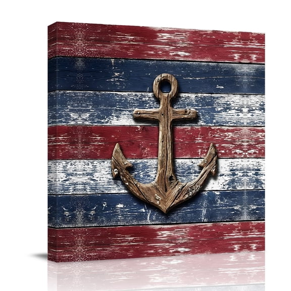 Canvas Wall Art Summer Ocean Anchor Canvas Art Print Vintage Nautical Sea Anchor Blue Red Wood Grain Pictures Wall Decor for Living Room Bedroom Decorations Stretched Framed Ready to Hang 8"x8"
