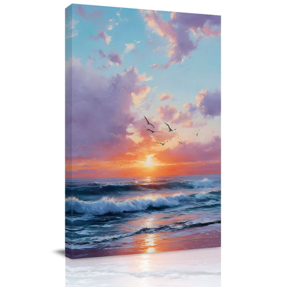 Canvas Wall Art Summer Ocean Canvas Art Print Oil Painting Sea Dreamy Sunset Beach Birds Pictures Wall Decor for Living Room Bedroom Artwork Decorations Stretched Framed Ready to Hang 16"x20"