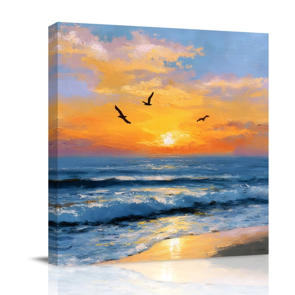 Canvas Wall Art, Summer Ocean Framed Canvas Prints for Bathroom Desk, Watercolor Waves Sunset Sky Oil Painting Art Small Gallery Wrapped Wall Decor for Home Office, Gifts, 8"x8" Ship Next Day