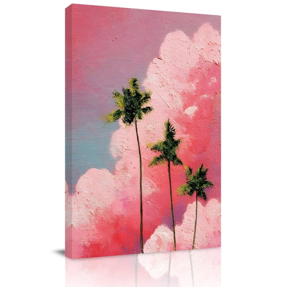Canvas Wall Art Summer Palm Trees Canvas Art Print Pink Clouds Dreamy Trees Romantic Sunset Oilpainting Pictures Wall Decor for Living Room Bedroom Decorations Stretched Framed Ready to Hang 11"x14"