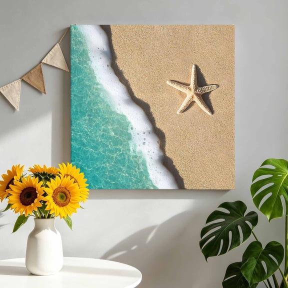 Canvas Wall Art Summer Teal Canvas Art Print Beach Beige Starfish Ocean Wave Sand Shore Pictures Wall Decor for Living Room Bedroom Artwork Decorations Stretched Framed Ready to Hang 8"x8"