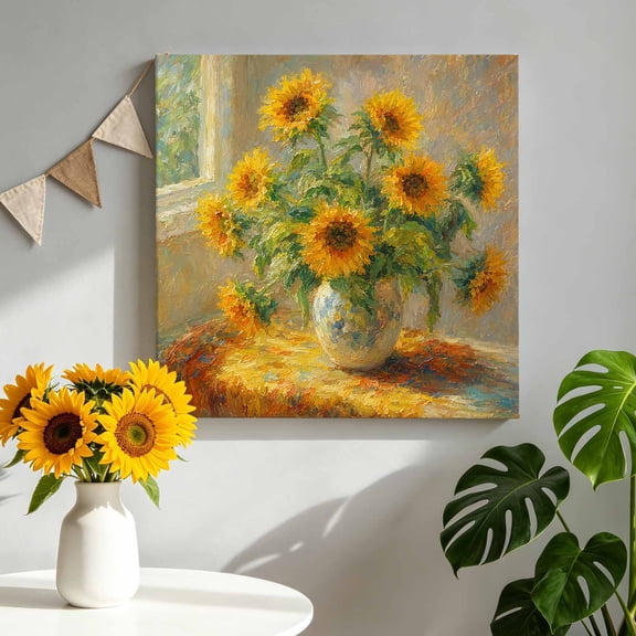 Canvas Wall Art Sunflower Bouquet Canvas Art Print Summer Botanical Warm Vibe Floral Oil Painting Style Pictures Wall Decor for Living Room Artwork Decorations Stretched Framed Ready to Hang 8"x8"