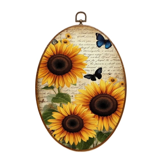 Canvas Wall Art Sunflower Fall Farmhouse Flowers Butterfly Floral Vintage Wildflower Oval Framed Canvas Prints Vintage Wall Hanging Decor for Home Office Nursery Family Gift 8.6"x11.4"