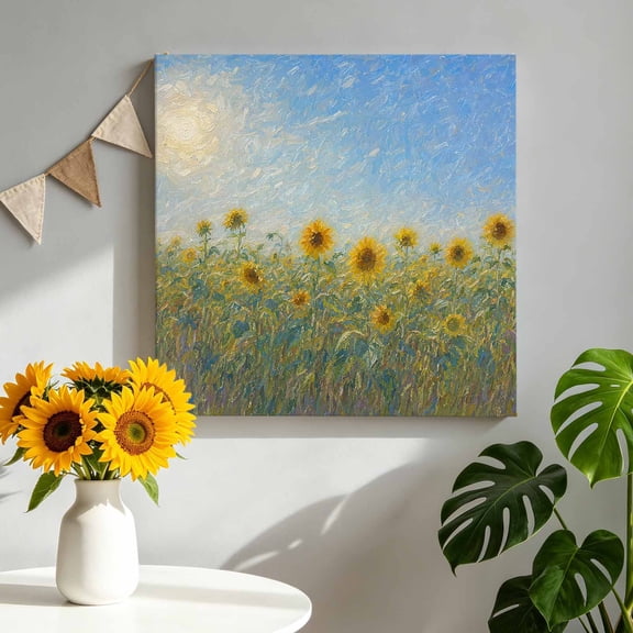 Canvas Wall Art Sunflower Field Canvas Art Print Summer Floral Grass Meadow Sky Blue Oil Painting Style Pictures Wall Decor for Living Room Artwork Decorations Stretched Framed Ready to Hang 8"x8"