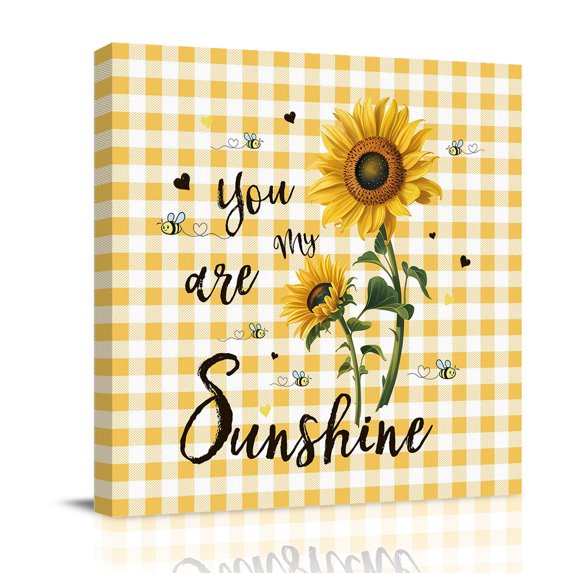 Canvas Wall Art, Sunflower Framed Canvas Prints for Bathroom Desk, Yellow Plaid Lattice You Are My Sunshine Small Gallery Wrapped Wall Decor for Home Office, Gifts, 8"x8" Ship Next Day