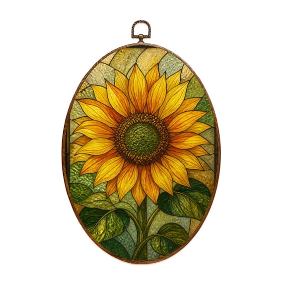 Canvas Wall Art Sunflower Stained Glass Decoration Vibrant Window Art Oval Framed Canvas Prints Vintage Wall Hanging Decor for Home Decorations 8.6"x11.4"