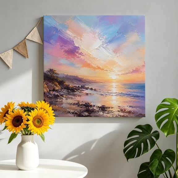 Canvas Wall Art Sunset Beach Canvas Art Print Coastal Pink Purple Sunlit Clouds Shoreline Rocks Pictures Wall Decor for Living Room Bedroom Artwork Decorations Stretched Framed Ready to Hang 8"x8"