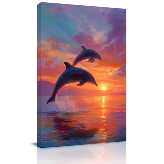 Canvas Wall Art Sunset Dolphin Canvas Art Print Dreamy Sunset Jumping Dolphins Pictures Wall Decor for Living Room Bedroom Artwork Decorations Stretched Framed Ready to Hang 11"x14"