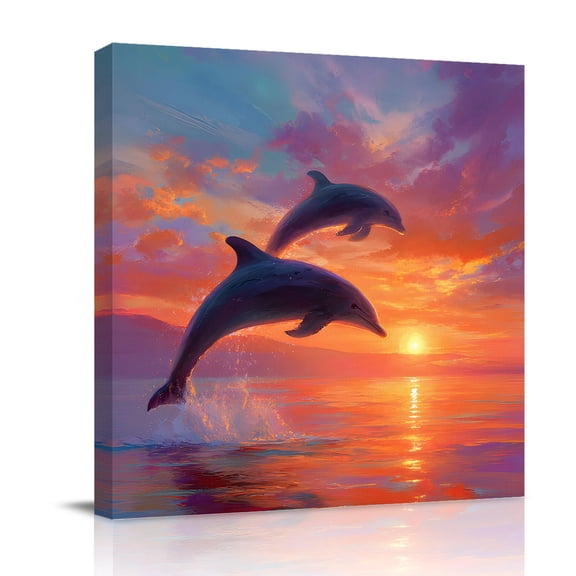 Canvas Wall Art Sunset Dolphin Canvas Art Print Dreamy Sunset Jumping Dolphins Pictures Wall Decor for Living Room Bedroom Artwork Decorations Stretched Framed Ready to Hang 8"x8"