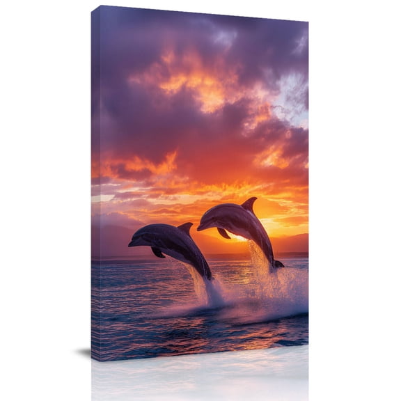Canvas Wall Art Sunset Dolphin Canvas Art Print Dreamy Sunset Jumping Ocean Dolphins Pictures Wall Decor for Living Room Bedroom Artwork Decorations Stretched Framed Ready to Hang 22"x28"