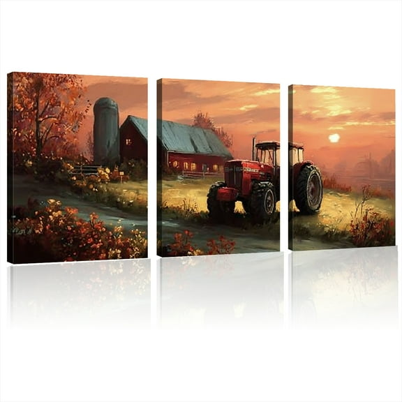 Canvas Wall Art Sunset Landscape Canvas Prints Vintage Red Tractor for Living Room Bedroom Office Home Decor Country Farmhouse Artwork 12x16x3pcs