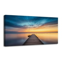 Canvas Wall Art Sunset Pier Landscape Lake Dock Painting Nature Scenery Symmetrical Wall Decor for Living Room Bathroom Bedroom Office 30" x 60" Art Paintings, Ready to Hang