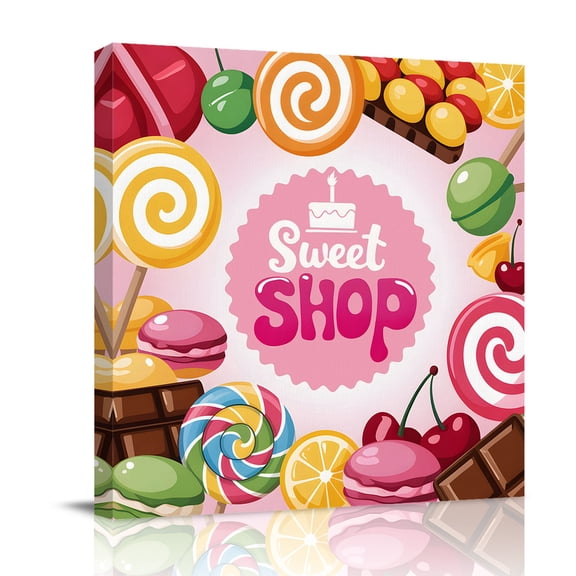 Canvas Wall Art, Sweet Shop Words Framed Canvas Prints for Bathroom Desk, Candyland Colorful Lollipop Potatoes Small Gallery Wrapped Wall Decor for Home Office, Gifts, 8"x8" Ship Next Day