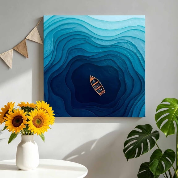 Canvas Wall Art Swirling Vortex Canvas Art Print Coastal Orange Lone Boat Navy Blue Deep Ocean Pictures Wall Decor for Living Room Bedroom Artwork Decorations Stretched Framed Ready to Hang 8"x8"