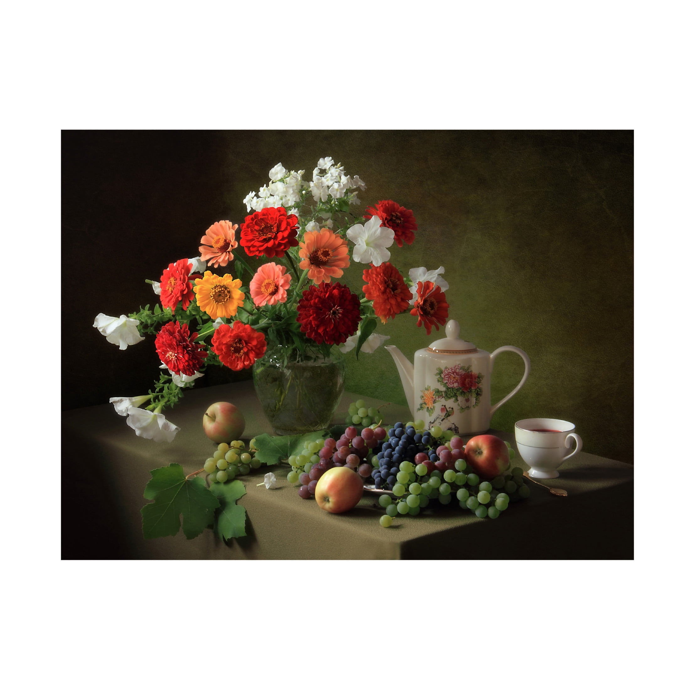 Canvas Wall Art - Tatyana Skorokhod 'Still Life With A Bouquet Of Zinnias And Fruit' Wall Art for Living Room, Bedroom, or Office Décor by Trademark Fine Art - 32 x 24 Inches