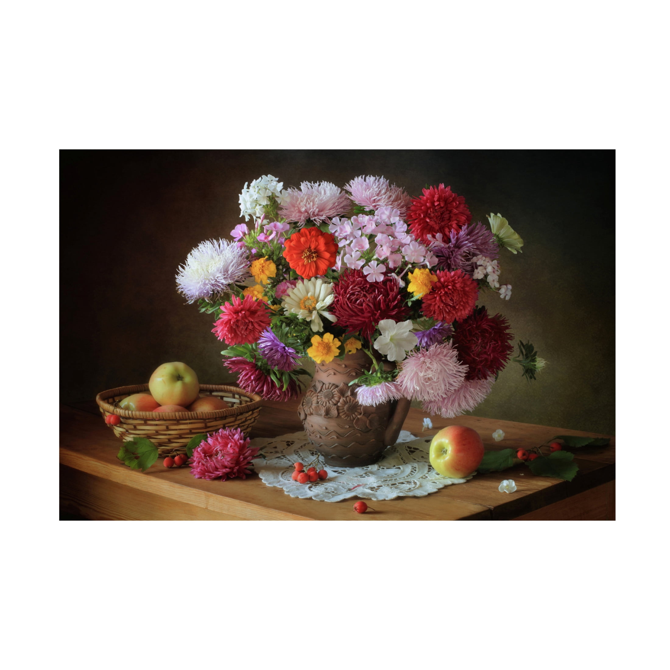 Canvas Wall Art - Tatyana Skorokhod 'Still Life With A Bouquet Of Flowers And Apples' Wall Art for Living Room, Bedroom, or Office D?cor by Trademark Fine Art - 24 x 16 Inches