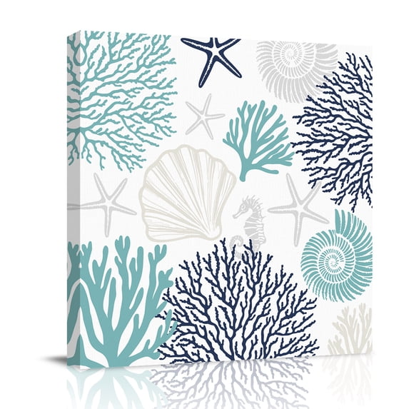 Canvas Wall Art, Teal Blue Grey Coastal Framed Canvas Prints for Bedroom Office, Summer Beach Coral Shell Starfish Large Gallery Wrapped Wall Decor for Home Office, Gifts, 16"x16" Ship Next Day