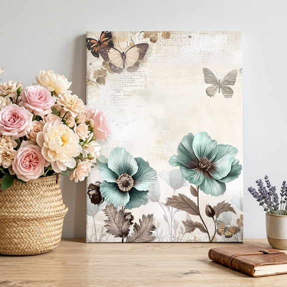 Canvas Wall Art, Teal Brown Spring Floral Framed Canvas Prints for Living Room Bedroom, Vintage Flowers Elegant Botanical Gallery Wrapped Wall Decor for Home Office, Gifts, 12"x16" Ship Next Day