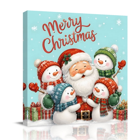 Canvas Wall Art, Teal Christmas Framed Canvas Prints for Bedroom Office, Santa Snowman Xmas Snowflake Gifts Large Gallery Wrapped Wall Decor for Home Office, Gifts, 16"x16" Ship Next Day