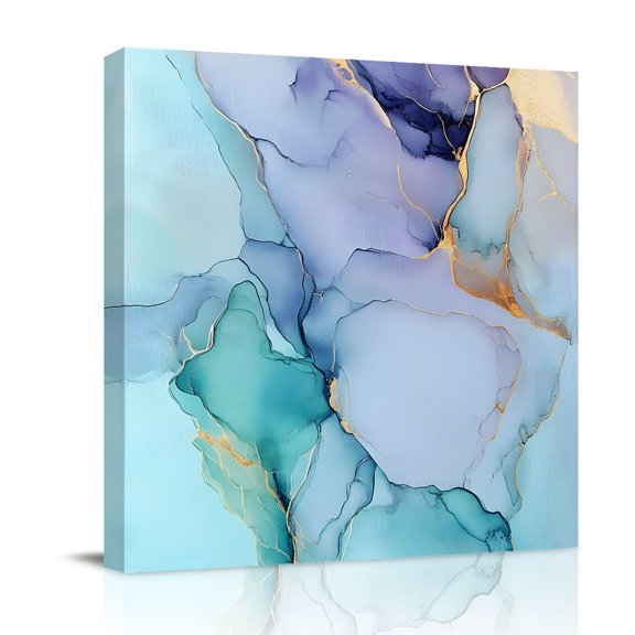 Canvas Wall Art, Teal Framed Canvas Prints for Bathroom Desk, Abstract Modern Marble Ink Painting Art Small Gallery Wrapped Wall Decor for Home Office, Gifts, 8"x8" Ship Next Day