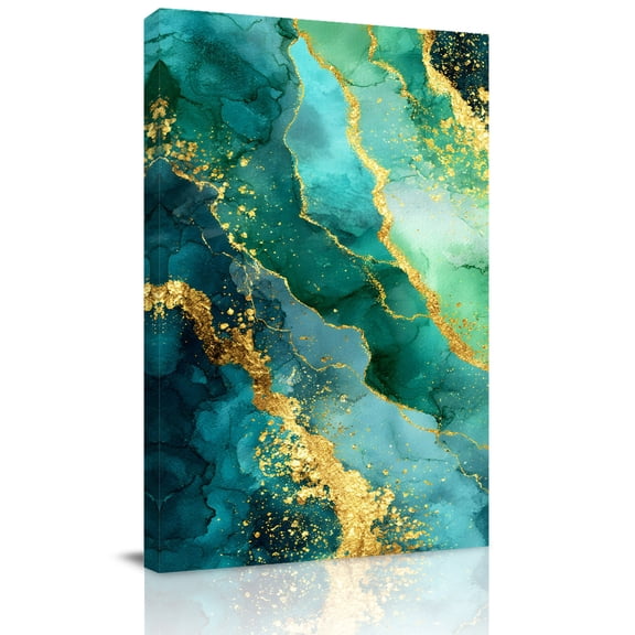Canvas Wall Art, Teal Golden Ombre Marble Framed Canvas Prints for Kitchen Bedroom, Modern Art Luxury Marble Crack Small Gallery Wrapped Wall Decor for Home Office, Gifts, 8"x12" Ship Next Day