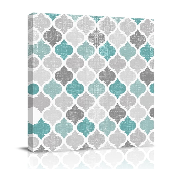 Canvas Wall Art, Teal Grey Morocco Pattern Framed Canvas Prints for Bathroom Desk, Turquoise Modern Moroccan Geometric Small Gallery Wrapped Wall Decor for Home Office, Gifts, 8"x8" Ship Next Day