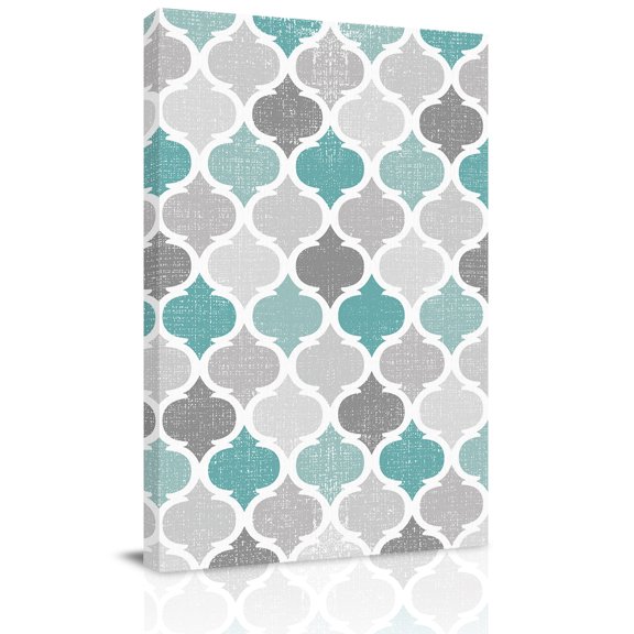 Canvas Wall Art, Teal Grey Morocco Pattern Framed Canvas Prints for Living Room, Turquoise Modern Moroccan Geometric Gallery Wrapped Wall Decor for Home Office, Gifts, 22"x28" Ship Next Day