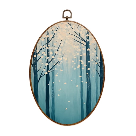 Canvas Wall Art Teal Landscape Blue Forest Textured Panoramic Abstract Nature Abstract Oval Framed Canvas Prints Vintage Wall Hanging Decor for Home Office Decorations 8.6"x11.4"