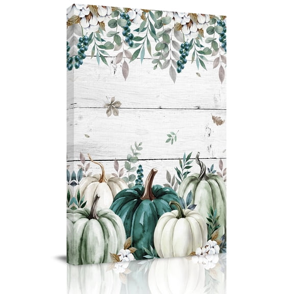 Canvas Wall Art, Teal Pumpkins Fall Framed Canvas Prints for Bedroom Dining Room, Botanical Thanksgiving Grey Wood Grain Large Gallery Wrapped Wall Decor for Home Office, Gifts, 20"x24" Ship Next Day