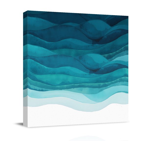 Canvas Wall Art, Teal Turquoise Waves Framed Canvas Prints for Bathroom Desk, Ombre Coastal Ocean Water Abstract Small Gallery Wrapped Wall Decor for Home Office, Gifts, 8"x8" Ship Next Day